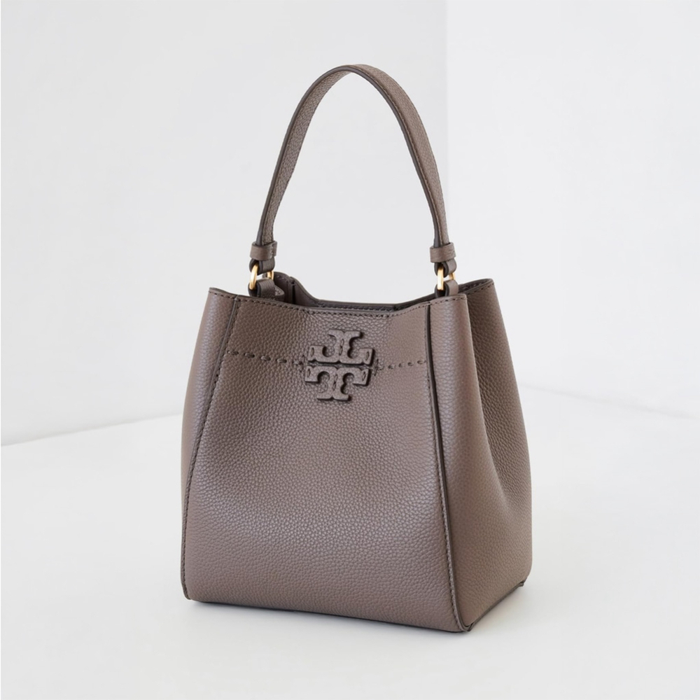 NWT Tory Burch Women's McGraw Small Bucket Bag Silver Maple Taupe Crossbody $348